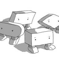 Four robots with banded legs. They are shaped like 3-D versions of operators in flow charts: one is a rectangle, one an elongated lozenge, one a parallelogram and one a diamond. The robots just have eyes, making different expressions: the rectangle faintly worried, the lozenge angry, the parallelogram scared, the diamond quizzical.