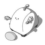 A semi-cylindrical shaped robot with wheels on its underside, two banded arms and an antenna. It has a little smiling face on its rounded side and there's a single egg lying in front of it.