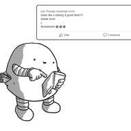 A rounded robot with banded arms and legs, typing one-fingered on a phone in a flip case, its back pocket stuffed with paper money. A pop-up window shows an inane Facebook reply replete with emojis and exclamation marks.