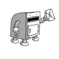 A robot in the form of a cuboid post box with a curved back. The slot is its mouth, complete with rows of teeth and it has a hatch on its front. It has four stumpy legs on the bottom and two arms, one of which us holding a strip of stamps while the other holds up an envelope.