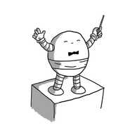 A round robot waving a conductor's baton in one hand. It is wearing a little bowtie and a cummerbund and has its eyes closed as if lost in the music. It stands on  raised, square podium.