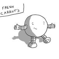 A spherical robot with banded arms and legs shrugging nonchalantly in front of a sign that reads "FRESH CARROT'S".