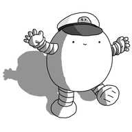 An ovoid robot with banded arms and legs, wearing a peaked captain's hat and smiling.