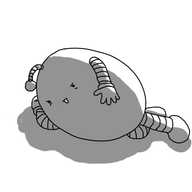 An ovoid robot with banded arms and legs, lying on the ground with one arm resting beneath it, its antenna drooping and making a grumpy face as it sticks out its tongue.