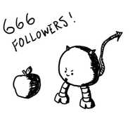 A spherical robot with horns, a goatee and feet shaped like hooves. Also has a long, barbed tail and is looking somewhat malevolently at an apple sitting beside it. "666 FOLLOWERS!" is written at the top of the image.
