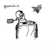 a small, pill-shaped robot stands heroically on the lip of an open drinks can, fearlessly weilding a swatter while wearing a protective helmet with face-guard. it glares balefully at a hovering wasp nearby.