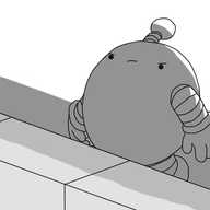 A spherical robot with banded arms and legs and an antenna, standing in the shadow of a brick wall, angrily glaring upwards and pushing itself up slightly on its feet.