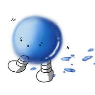 A robot in the form of a sphere of blue water with banded legs. It's walking along uncertainly, leaving little puddles behind it and wobbling very slightly.