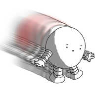 A round robot with banded arms and legs, looking a bit alarmed as blurred copies of itself stretch out behind it. These copies are slowly fading to red as they recede.