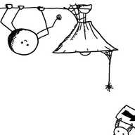 a spherical bot with four jointed, spindly legs hanging upside-down from a ceiling and smiling cheerfully. it approaches a ceiling lamp with a cobweb stuck to the shade which one of its feet is reaching towards. a spider hangs from the opposite side of the lamp and Spiderbot is just visible at the bottom of the frame directing it away with an arrow on a sign.