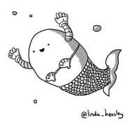 A rounded robot with a scaled mermaid's tail, swimming through the water. It has a happy face and is inexplicably wearing a little clamshell bra.