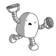 A round-topped robot with banded arms and legs and potato mashers instead of hands, angrily running towards something.