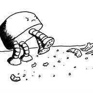 a wide, dome-shaped robot with four thick banded legs with round feet that have shards of glass on the bottom. There is broken glass all over the floor around it and it has an angry little face as it stomps towards the next bit.