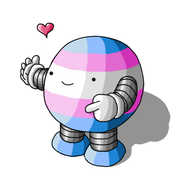 A spherical robot with banded arms and legs, coloured like the transgender flag, (horizontal stripes of blue, pink, white, pink, blue). It's smiling and pointing at someone, and a little heart is floating above it.