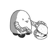 A round-topped robot with banded arms and four wheels on its base lifting up the top bun of a burger removing a slice of pickle from it while sticking out its tongue in disgust.