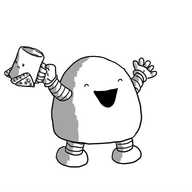 A dome-shaped robot with banded arms and legs. It has a wide, open mouth and its eyes are closed, giving it a joyous expression. It's flinging its arms up and out, while holding a bored-looking Teabot in one hand.