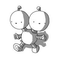 A robot with a small, spherical body and banded arms and legs. Two short necks each support a round, smiling head with an antenna.