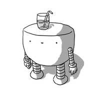 A robot shaped like an ovoid with the top 40% or so squared off to create a flat surface. It has slim, banded arms and legs and smiles vacantly as a drink rests on its top.