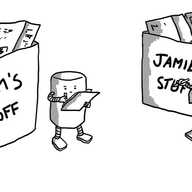 Two cylindrical robots writing on clipboards as they stand in front of boxes labelled "SAM'S STUFF" and "JAMIE'S STUFF".