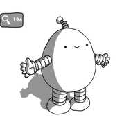 An ovoid robot with banded arms and legs and a coiled antenna. It's standing with its arms spread and a happy expression on its face. The robot is repeated three times, with a small, rounded rectangle to the top left of each, showing a magnifying glass. From left to right, the boxes are labelled "100%", "10%" and "1000%". The image is identical for each magnification.