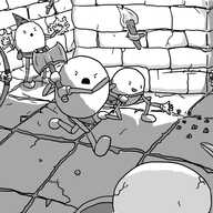 A scene depicting an encounter in a fantasy RPG, taking place in a gloomy stone corridor. Four robots - a barbarian, a rogue, a ranger and a wizard - do battle with a group of skeletal robots.