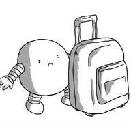A round robot with banded arms and legs frowning angrily at a small, wheeled suitcase that is slightly larger than itself.