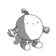 A spherical robot with banded arms and legs and a coiled antenna, holding outs its arms and smiling.