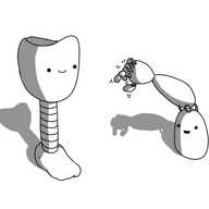 Two robots, in the form of a below-knee leg prosthetic and a full arm prosthetic. The leg robot has a smiling face on the top section, and the connection to the foot is banded like a small robot limb. The arm robot is resting on its end, its face is on the biceps and its fingers are waggling.
