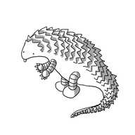 A robot in the form of a pangolin with banded arms and legs, standing on is hind legs and sticking out its tongue.