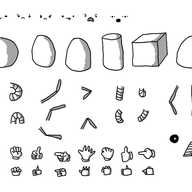 Many small robot parts, including various solid shapes for bodies, arms in different positions, hands, feet, tracks, wheels, antennae and a propeller. Also has a selection of facial expressions.