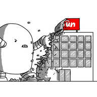 A large, round-topped robot with banded arms and legs, angrily demolishing an office building with a red sign on the roof that has the partially-visible logo of The Sun newspaper on it.