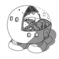 A large, roughly spherical robot with four banded legs, displayed in cutaway, revealing that inside are several rooms partitioned by thin walls. On the upper level is a room in which a person is lying on some pillows, snuggled up in a blanket with a Teabot next to them. A set of steps lead up from the lower level, where there are some cabinets and a fridge. A rounded door allows entry into the robot and there are round windows lining its sides. A section at the top of the robot houses mechanical equipment and its face, half-visible due to the cutaway, is smiling.