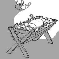 A small, round-topped robot with banded arms and legs sleeps peacefully on a wooden manger filled with straw. It's kicking out with one leg and reaching up towards a clay lamp hanging over it that casts light around the robot.