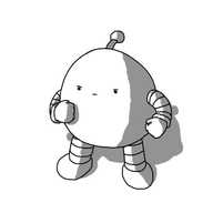 A round robot with banded arms and legs, clenching its fist with a determined expression on its face.