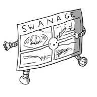 A robot in the form of a postcard from British seaside resort Swanage, with banded arms and legs. It has a traditional design, divided into four quarters each showing a local scene with the word 'SWANAGE' along the top. A circular section in the centre of the four pictures is blank to allow for the robot's smiling face. One of its hands is pointing to the pictures.