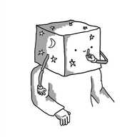A robot in the form of a cubic box that entirely covers someone's head. The robot/box is decorated with moon and star motifs and has two jointed arms on either side. One finger is raised to its smiling mouth on the front, shushing.