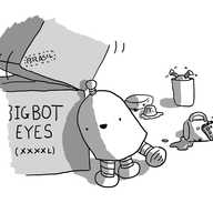 A round-topped robot with three banded legs on its underside, careening into a stack of boxes, one labelled 'BIGBOT EYES (XXXXL)' and the other ominously stamped 'BRASIL'. Behind it is a knocked-over Teabot, a Cakebot looking in dismay at a splattered cake and an unidentified robot upside down in a bin, waggling its legs in the air.