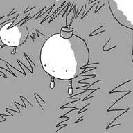 A robot bauble hanging in dense, dark pine needles. It has a little smiling face near the bottom and two small, dangling legs underneath. In the background is another one, smiling as it kicks its legs, and partially visible in the foreground is a third, apparently asleep.