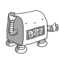 A robot in the form of a miniature slot machine. One of its banded arms serves as the arm of the machine and a clear panel on its front shows a row of spinners marked with various small robots. The robot looks happy and has four little legs supporting it.