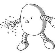 An ovoid robot angrily cracking a nut with one clenched fist.