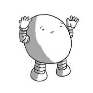 A round robot with banded arms and legs, holding its hands up towards its top and making an expression of discontent.