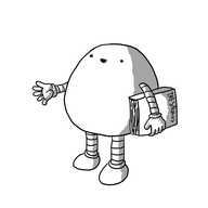 A chubby ovoid robot with banded arms and legs holding a Thesaurus under one arm as it cheerfully offers a suggestion.