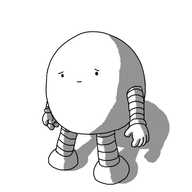 A round robot with banded arms and legs giving a sad smile.