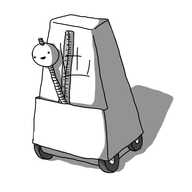 A robot in the form of a metronome. It has wheels on its base and the weight on the pendulum rod is its smiling, spherical head, swinging back and forth.