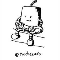 a cylindrical robot with banded arms and legs sits on the edge of a sofa wielding a control pad with a look of intense concentration