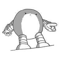 A spherical robot with banded arms and legs, depicted from a low viewpoint so it towers over the observer, and lit from below to appear menacing. Its expression is stern and it's pointing accusingly.