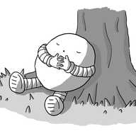 An ovoid robot lying at the base of a tree, hands clasped across its middle, sleeping peacefully.