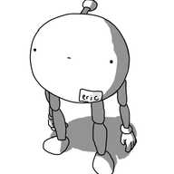 A spherical, slightly dim-looking robot with jointed arms and legs, staring blankly and wearing a name tag that has 'eric' scrawled on it.