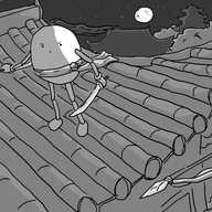 Two ovoid robots with jointed limbs face off, one on the roof of a pagoda, the other balanced on a tree branch. The scene is dark, with a full moon providing stark contrast. Both robots have long hair, billowing in the wind and the one on the roof has two swords while the other has a long spear.