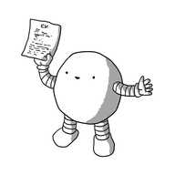 A round robot with banded arms and legs, smiling and holding up a piece of paper covered in dense text with "C.V." legible at the top.